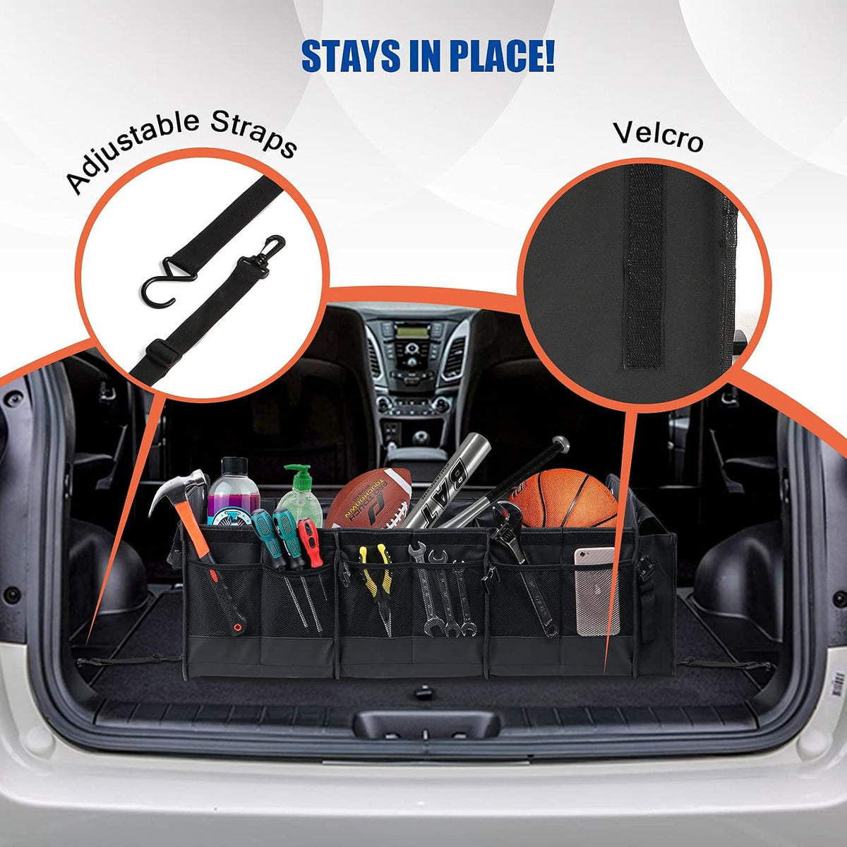 Car Trunk Organizer with Lid & Removable Leakproof Cooler Bag，Foldable Cover,Large Trunk Organizers,Multi-Compartment Collapsible Cargo Storage Organizer for SUV,Van,Truck,Sedan(3 Compartments,Black)