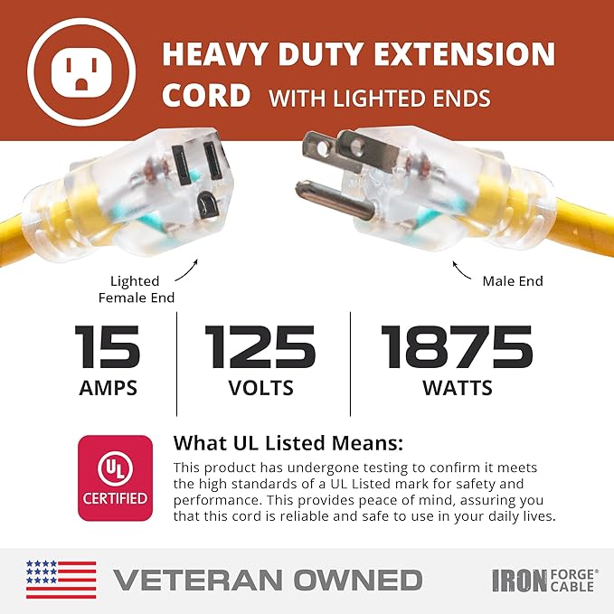 IRON FORGE CABLE 100 Foot Outdoor Extension Cord - 12/3 SJTW Heavy Duty Yellow 3 Prong Extension Cable, 15 AMP - Great for Garden and Major Appliances