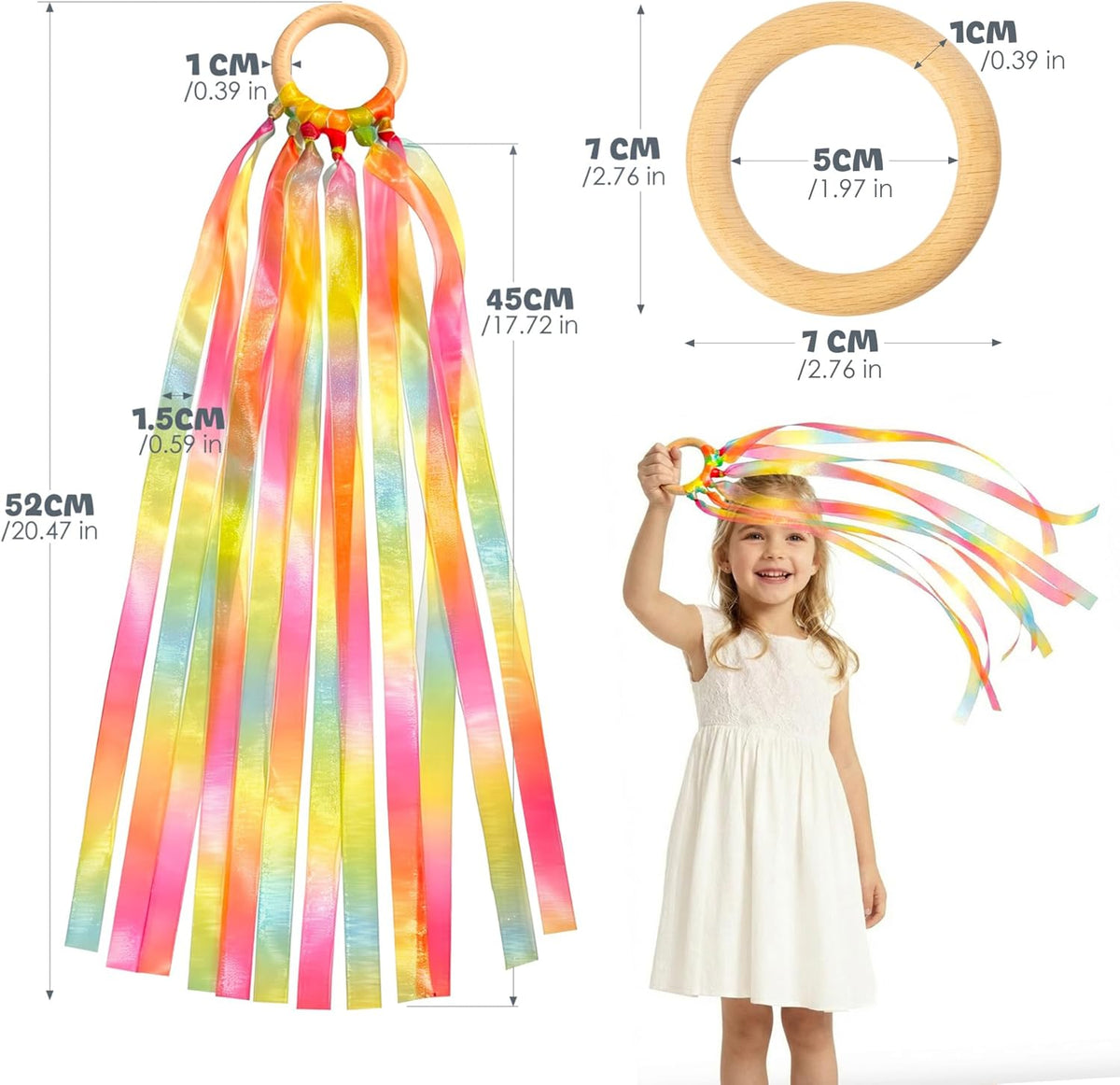 Skiennix Hand Kites - 2Pcs Colorful Dance Ribbons with Wood Ring for Gymnastics & Parties