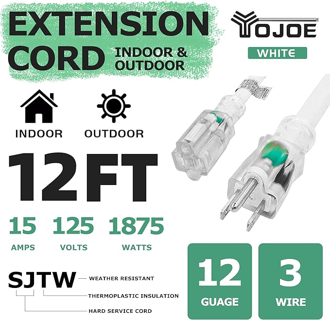 YOJOE Indoor Outdoor Extension Cord with Lighted End, 3 Prong 15A Weatherproof Power Cord, 12 Gauge Heavy Duty 12 ft White Extension Cord for Garage, Garden and Home, 12/3 SJTW UL Listed
