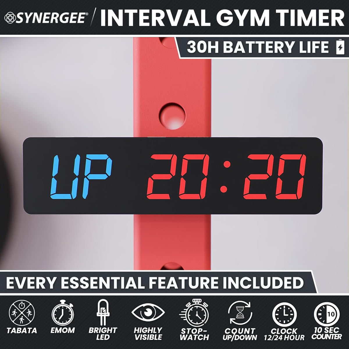 Synergee Magnetic Gym Timer Clock - LED Display, 30-Hour Battery, Built-in Magnet | Ideal for Home & Garage Workouts