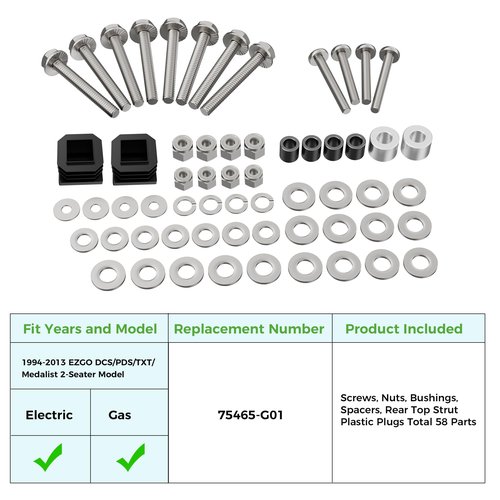 10L0L Golf Cart Suntop Hardware Kit for EZGO TXT/DCS/PDS/Medalist (1994-2013)-Front Top Strut Stainless Steel Screw Bushings Repair Kit, OEM#75465-G01, 58-Piece Set