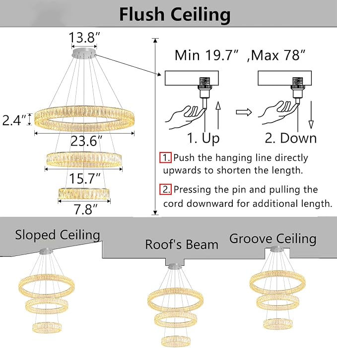 HAIXIANG Modern Glam Chandelier Crystal LED Remote Rings Chandelier Adjustable