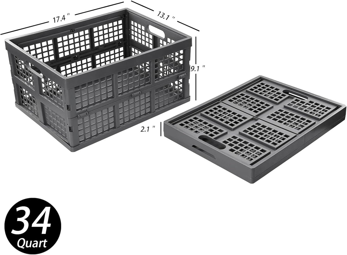 3 Packs 34L Plastic Folding Milk Storage Crate Bin, Grey