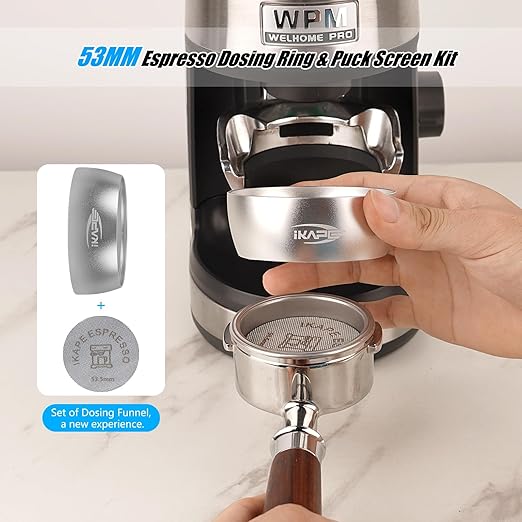 IKAPE Dosing Funnel Set, 53mm Espresso Dosing Ring & Puck Screen Kit Compatible with 53 mm Bottomless Portafilter Silver