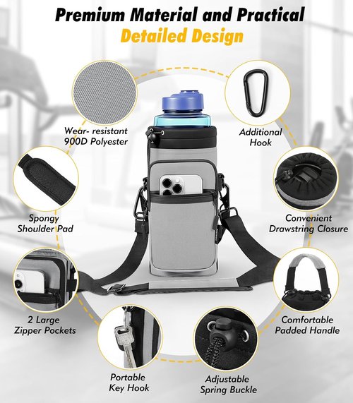 Nuovoware Water Bottle Carrier Bag - Adjustable Neoprene Pouch Holder with 2 Pockets | Fits 25oz, 40oz, 64oz Bottles