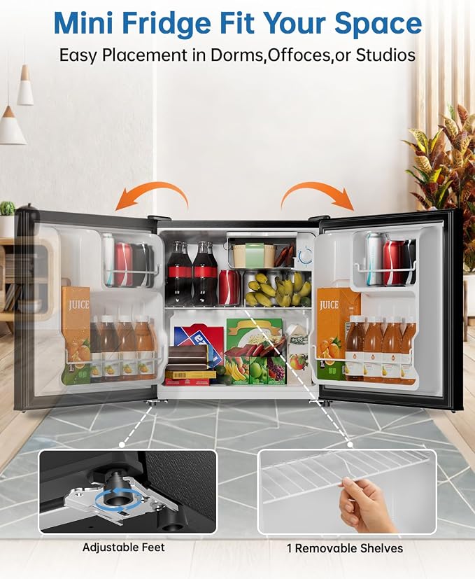 1.6 Cu Ft Mini Fridge with Freezer, Single Door Upright Freezer | 30dB Ultra Quiet, Adjustable Thermostat, Reversible Door, ETL Certified, Mini Fridge for Bedroom, Dorm & Office, Black
