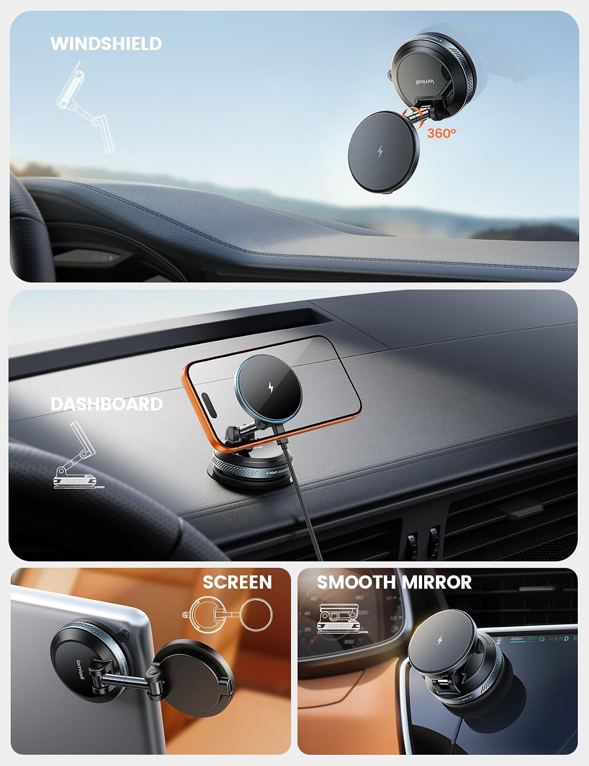 Lamicall 15W for MagSafe Car Mount Charger, 360° Wireless Car Phone Holder