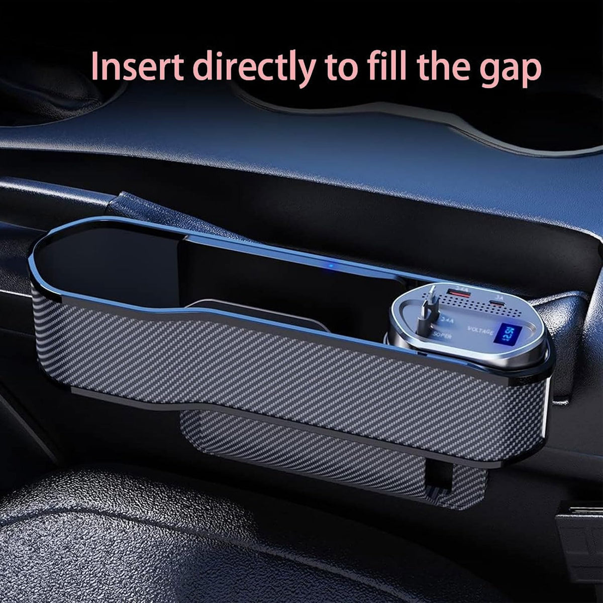 Car Seat Gap Filler Organizer with Wireless Charger,2 USB Ports and 2 Retractable Charging Cable of Type C, iOS, Multifunctional Storage Box with Cup Holder Cigarette Lighter Quick Charge