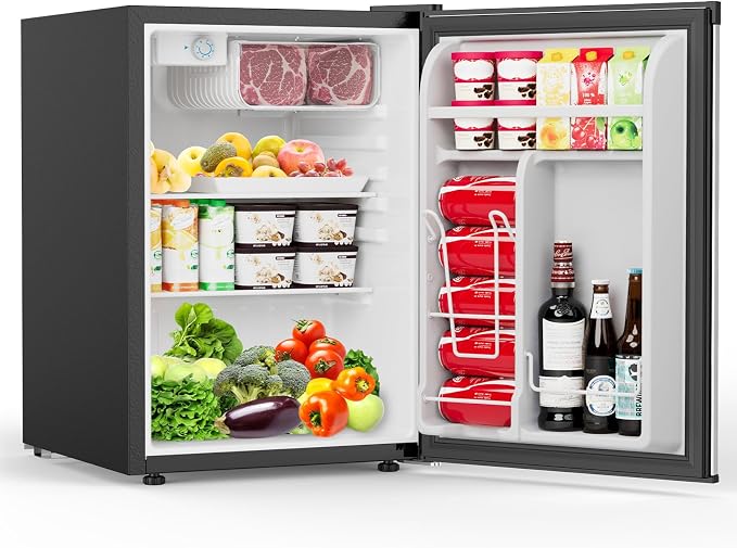 COWSAR 2.6 Cu.Ft Mini Fridge with Freezer, Quiet Reversible Door Compact Refrigerator, Small Refrigerator with 2 Removable Shelves, Adjustable Thermostat, for Office, Bedroom, Dorm, Silver