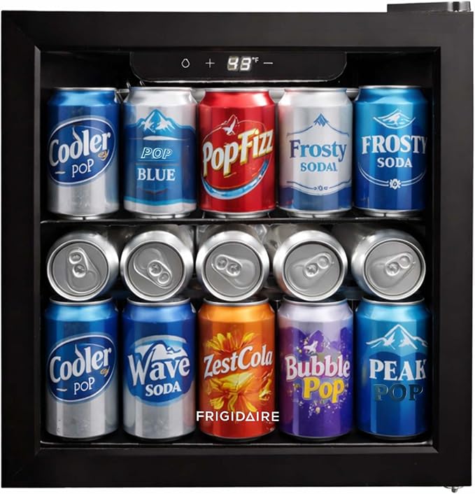 FRIGIDAIRE 12-Bottle Cooler, 1.2 Cu. Ft. Glass Door Beverage Refrigerator, Digital Display Mini Fridge with Touch Controls, Adjustable Shelves, LED Lighting & Quiet Compressor Cooling