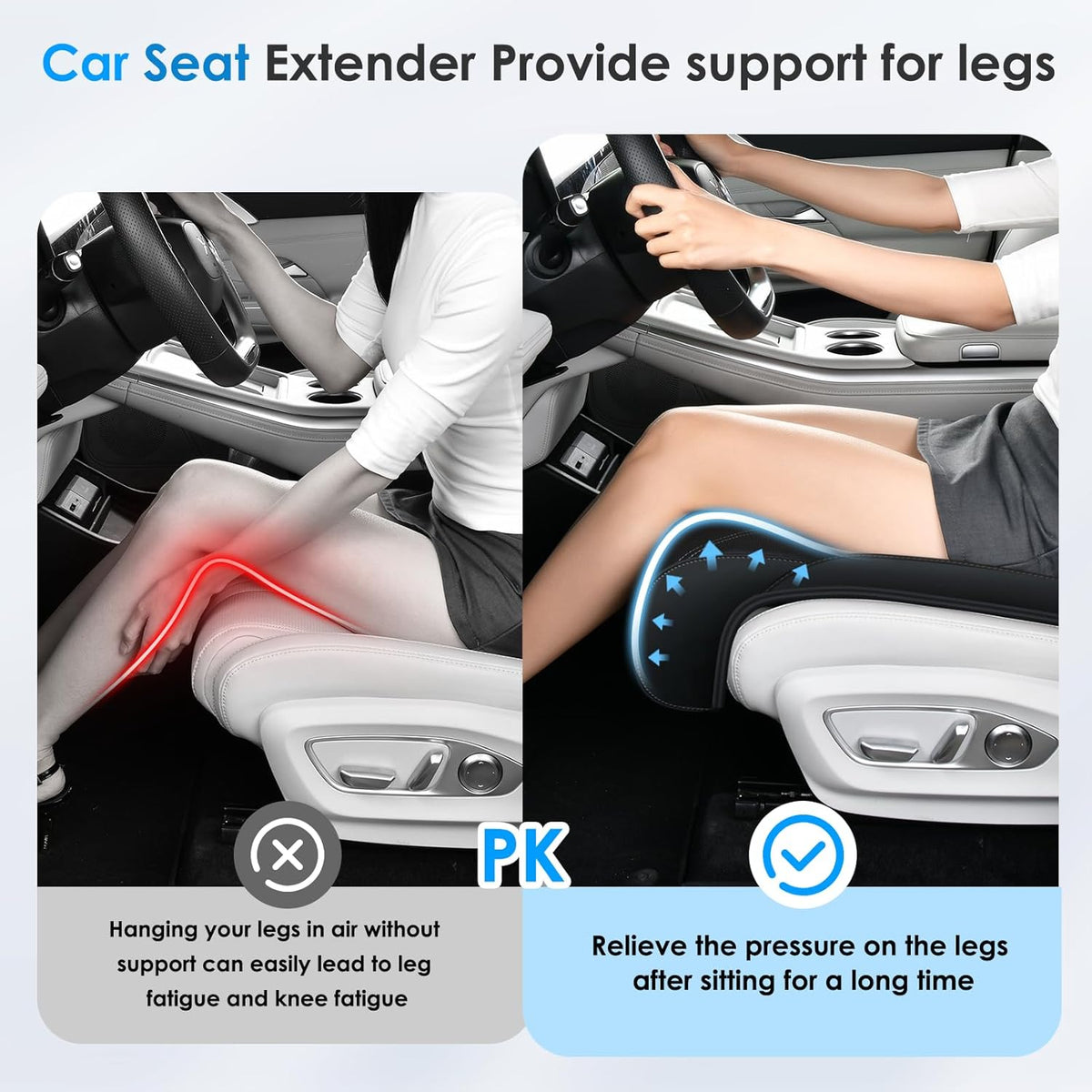 FLORICH Car Seat Extender Leg Support Cushion for Driver Seats Office Chair, Leather Memory Foam Widened seat Cushion for Long Drivers Universal Car Seat Cushion Legs Rest Pads-Dark Black