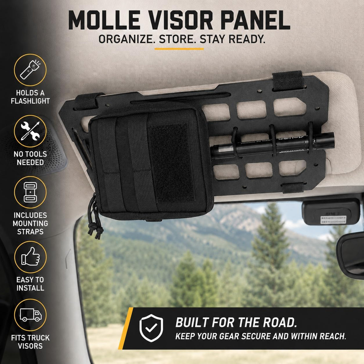 Visor MOLLE Organizer Panels for Car Sun Visor – Rigid ABS Sun Visor Organizer with MOLLE Webbing – Adjustable Fit for Truck SUV (2 Pack)