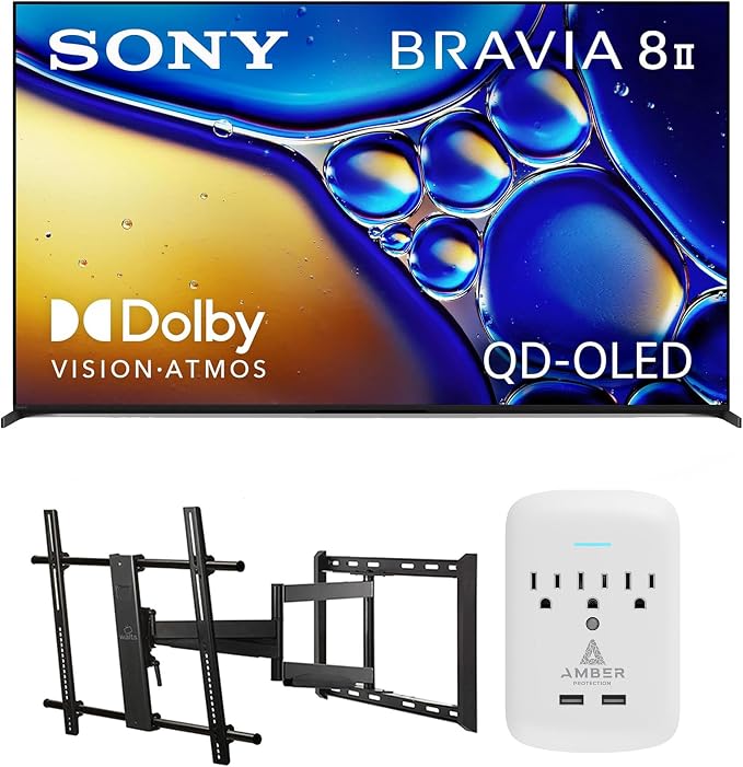 Sony K65XR80M2 65 Inch Bravia 8 QD-OLED 4K HDR Google TV with a Walts Large/Extra Large Full Motion Mount for 43"-90" TVs and Amber Protection 3-Outlet-Surge Surge Protector (2025)