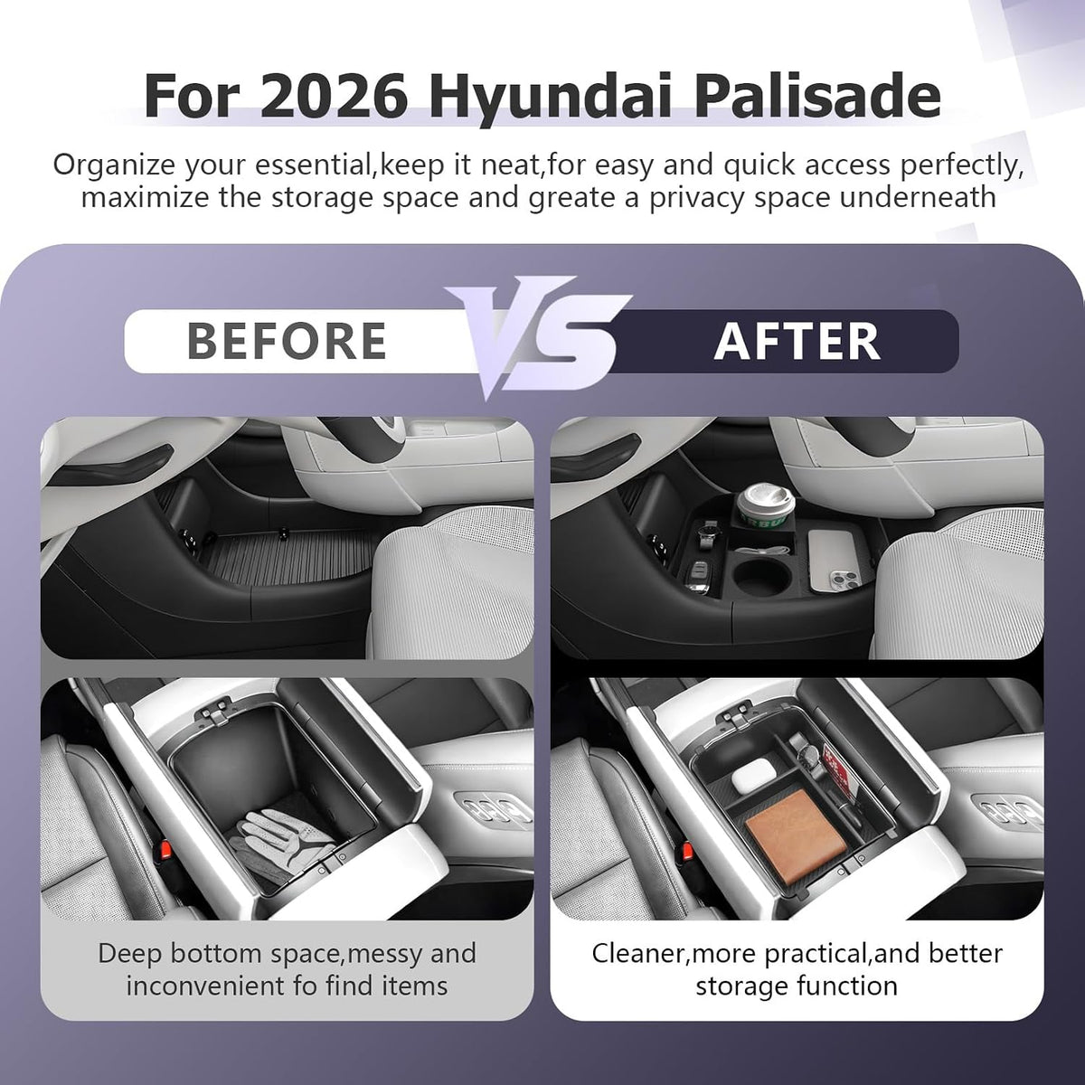 LUWU 2026 2027 Palisade Accessories for 2026 2027 Hyundai Palisade Accessories Palisade LX3 Lower Center Console Organizer, Armrest Console Tray Storage Box Black 2-Pack (Only for 7-Seat)