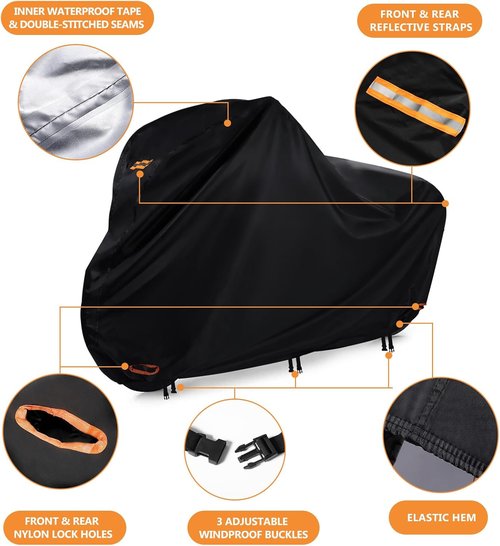 Bike Cover Waterproof - Heavy Duty 420D Ripstop Material with Lock Holes & 3 Buckles | Fits Bikes Up to 68 Inches