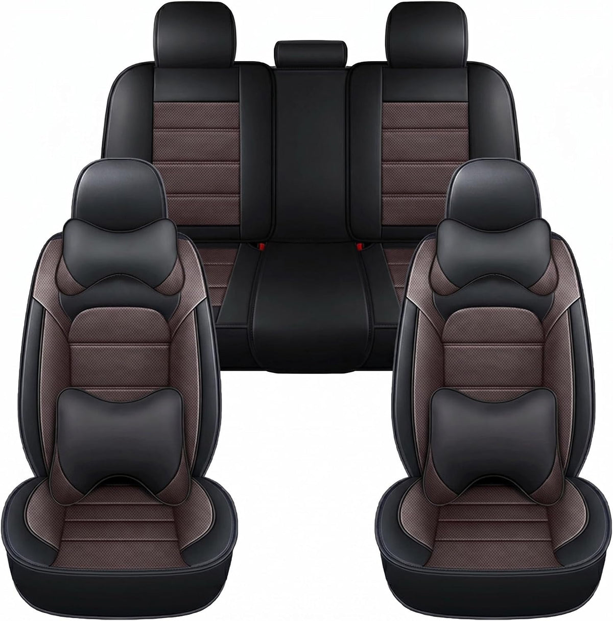 YQ FU Leather Seat Covers Black Brown Full Set w/ 2 Pillows Universal 2 Row