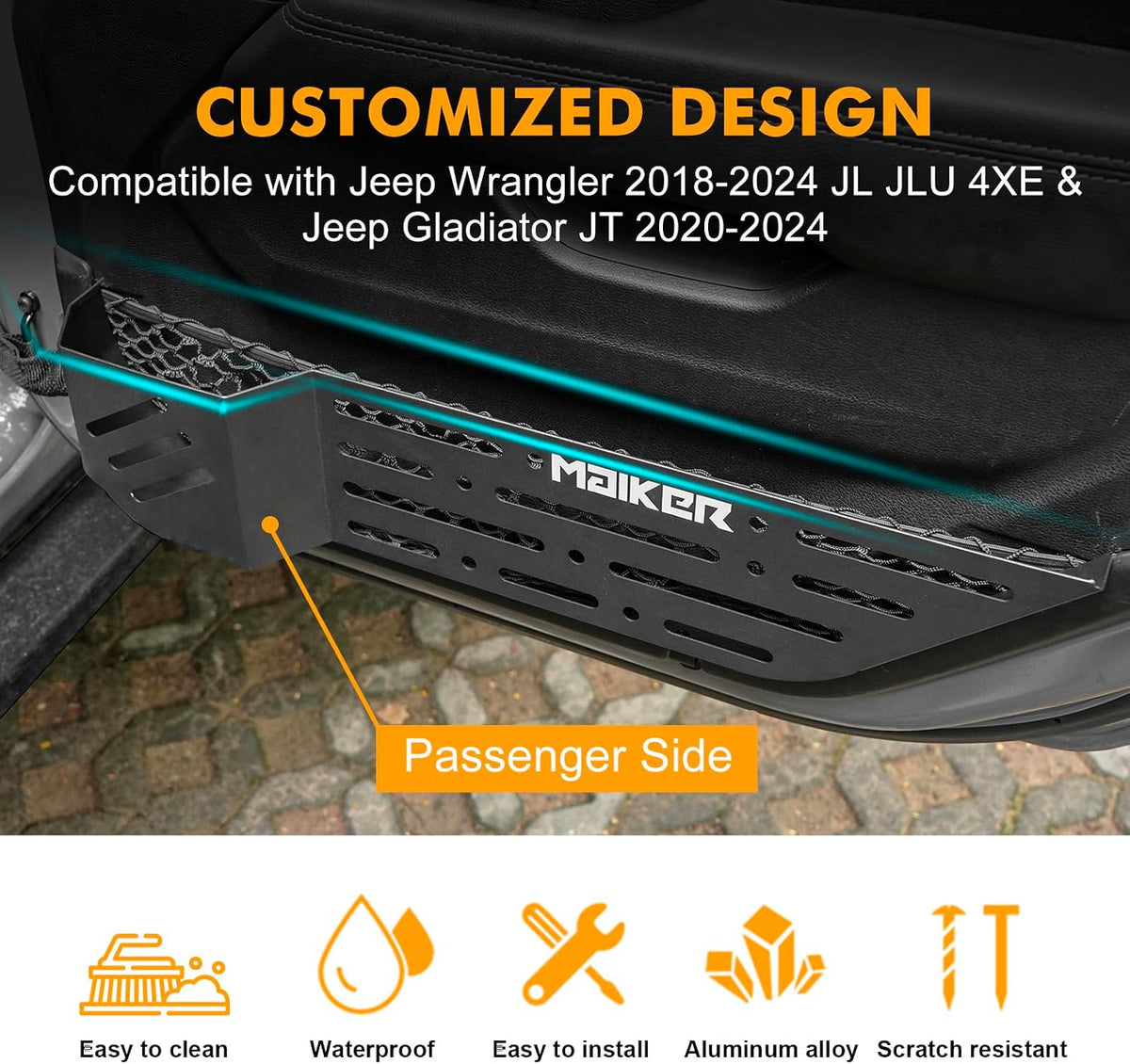 MAIKER Metal Front Door Pocket Storage Box Compatible with 2018-2024 Jeep Wrangler JL JLU 4XE & 2020-2024 Gladiator JT, Molle Panels Door Organizer Replaces Sagging Nets, 2PCS