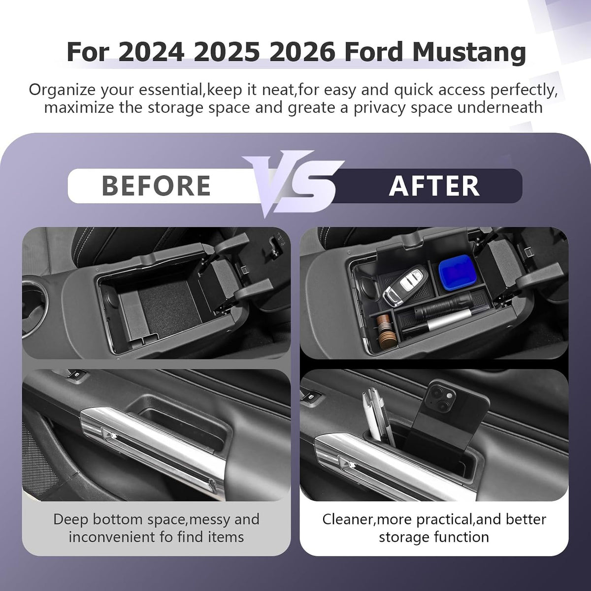 LUWU 3PCS 2025 2026 Mustang Center Console Organizer Compatible with Ford Mustang 2024 2025 2026 Accessories Armrest Console Storage Box Insert Tray Door Side Tray ABS Material Coin Container Black