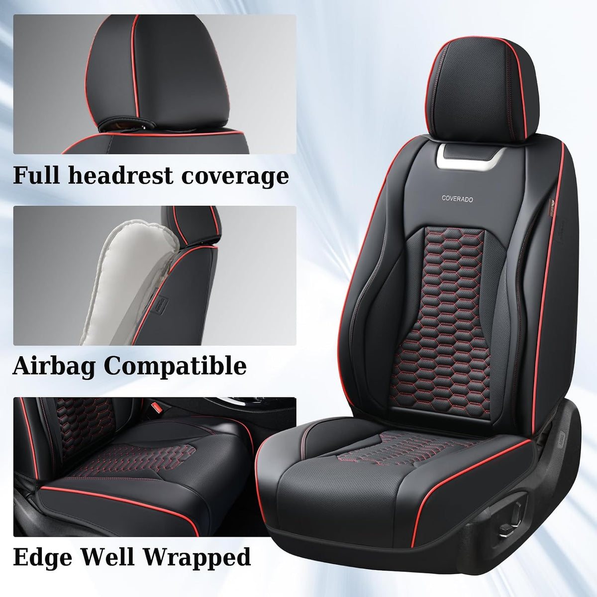 Coverado Front Seat Covers, Car Seat Covers Front Seats, Nappa Leather Waterproof Seat Covers for Car, Car Seat Protectors, Automotive Seat Covers Universal Fit for Most Vehicles(Black&Red)