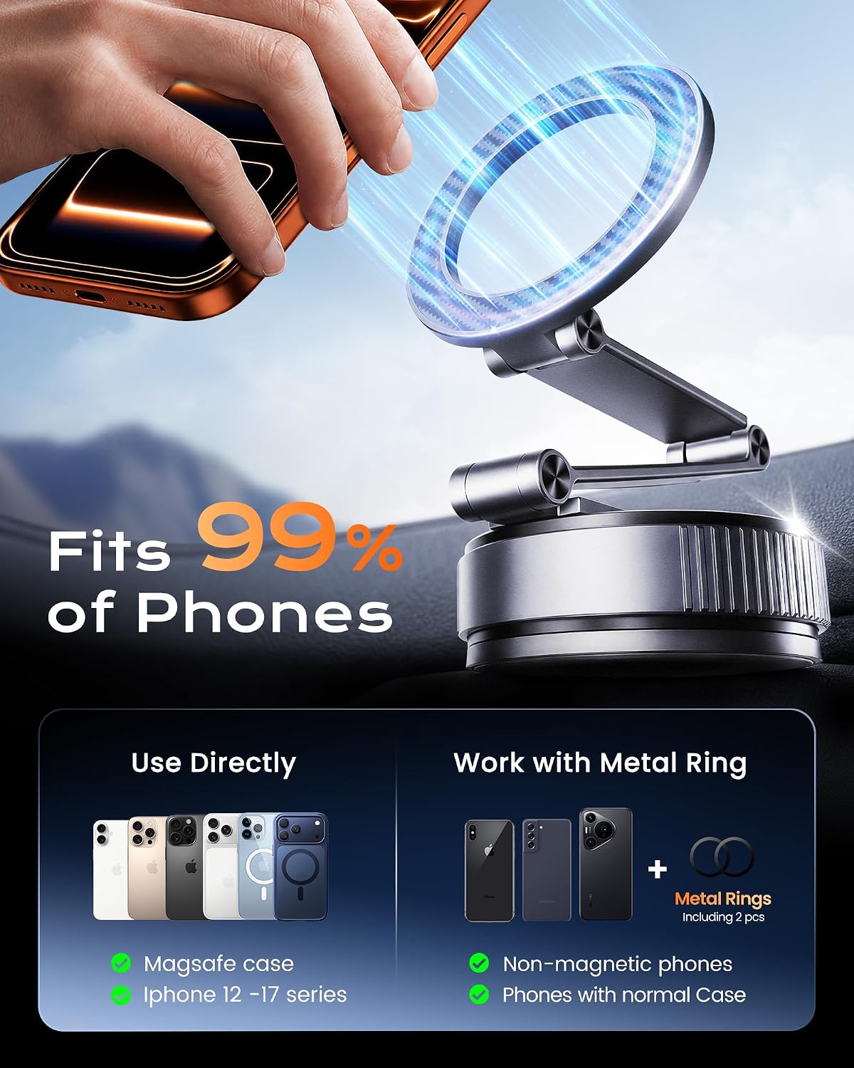 Magnetic Phone Holder for Car, 3-Axis Long Arm Mount for Tesla Model Y/3
