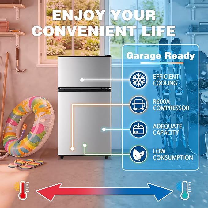 3.5 Cu.Ft Compact Refrigerator Silver, Dual-Door MIni Fridge for Home | 2 Removable Glass Shelves, Large Capacity with 7 Settings, Low Consumption for Dorm Apartment