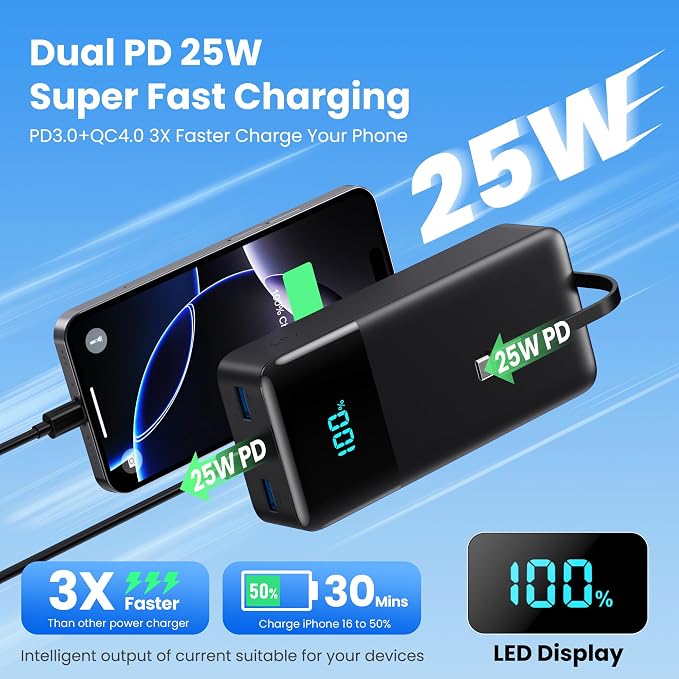 Portable Charger 70800mAh Power Bank with 3 Built in Cables,25W PD QC4.0 Fast Charging USB C Battery Pack,6 Outputs 2 Inputs LCD Display Portable Phone Charger for iPhone 17/16/15/14,Google,Android