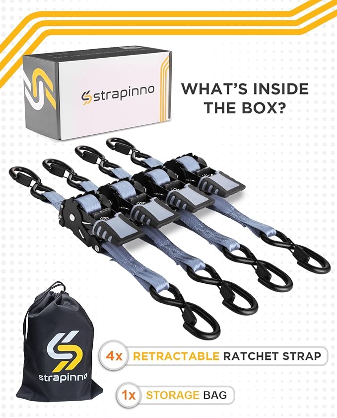 Strapinno 4pcs Retractable Ratchet Straps Bundle 1in x 6ft Ratchet Tie Down with Rubber Coated Steel Handle, S Hooks, Breaking Strength 1500 lbs Each (Grey)