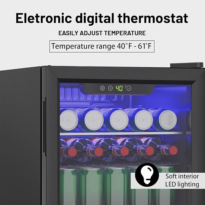 95 Can Mini Fridge, 2.6 Cu.Ft Beverage Refrigerator Glass Door | Drink Cooler for Soda Wine Beer, Adjustable Temp Small Fridge for Home Office Bar, Reversible Door, Black (40-61℉)