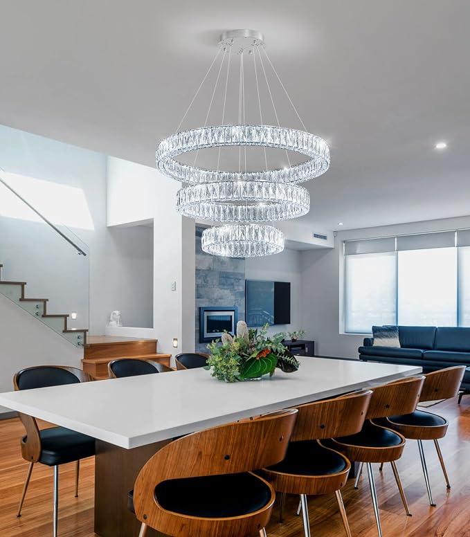 HAIXIANG Modern Glam Chandelier Crystal LED Remote Rings Chandelier Adjustable