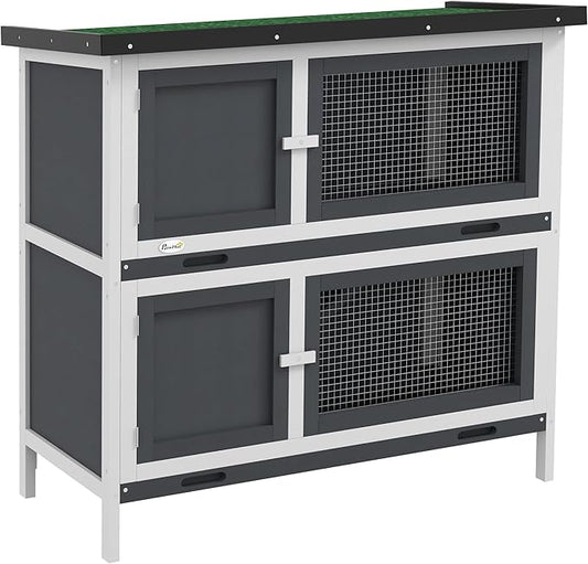 PawHut Wooden Bunny Rabbit Hutch, Small Animal Habitat with Ramp, Removable Tray & Weatherproof Roof, Indoor/Outdoor, Grey