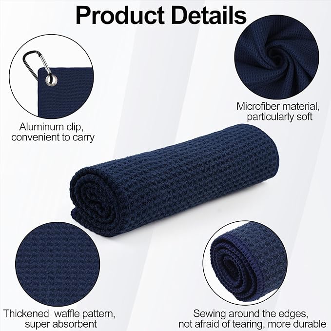 3 Pack 16" X 16" Waffle-Pattern Golf Towels with Carabiner Clip, Super Absorbent Microfiber, Sky Blue