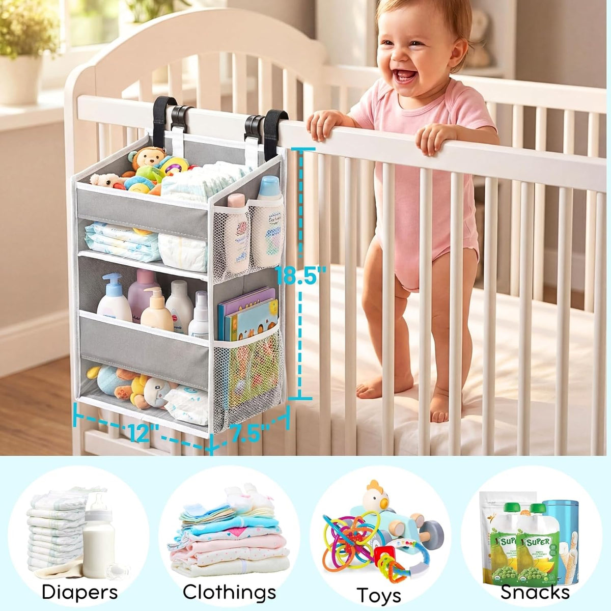 Hanging Diaper Organizer, 2 Tier Hanging Diaper Caddy, Holds 90+ Diapers | Durable Diaper Organizer for Changing Table,Cribs,Car,Playard or Wall & Nursery Organization, 4 Mesh Pockets, Won't Deform