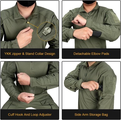 IDOGEAR Men’s Tactical Combat Shirt - Long Sleeve with Elbow Pads & Pockets | Military BDU Apparel