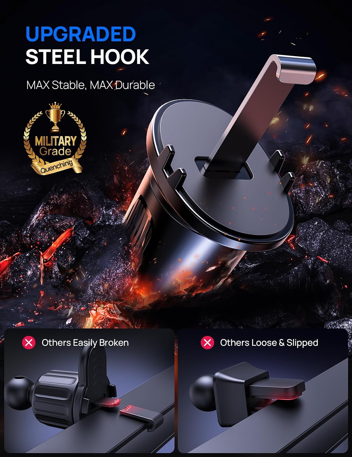 Air Vent Car Phone Holder, Metal Hook Clip, One-Hand Release, Anti-Shake