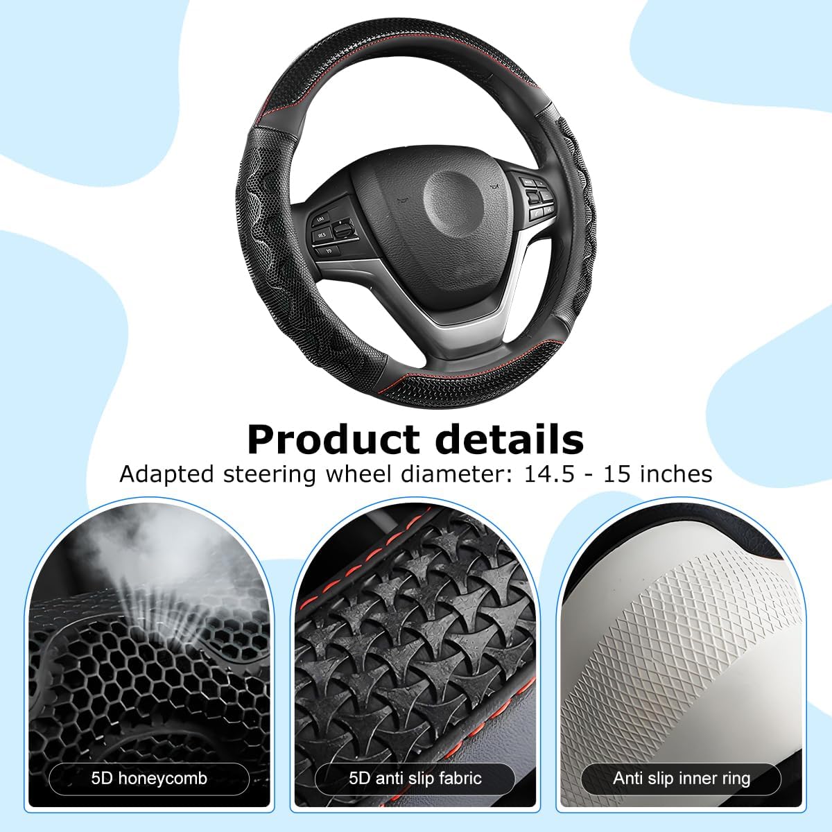 Car Steering Wheel Cover, 3D Honeycomb Anti-Slip Breathable, Black