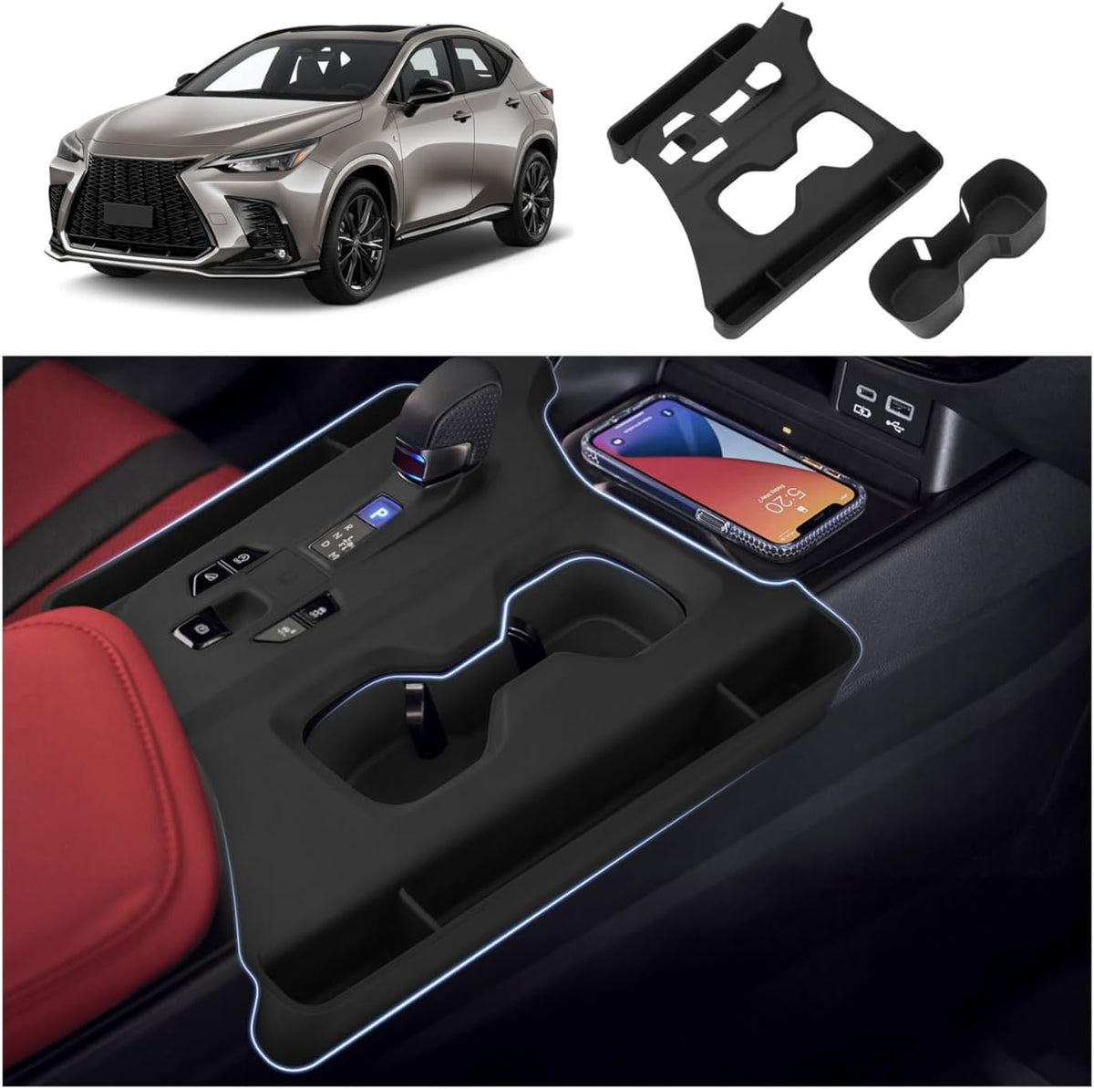 Autorder Silicone Center Console Organizer&Cup Holder for 2022-2025 2026 NX 250/350/350H/450H Accessories Seat Gap Storage Box with Cup Holder Insert Tray Anti-Scratch Gear Shift Panel Trim Cover