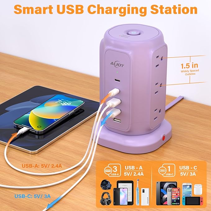 USB C Power Strip Tower, AiJoy 9 AC Outlets and 5 USB Ports Power Tower, 1200J Surge Protection, 1625W Flat Plug Extension Cord Charging Station for Home, Office Supplies, Dorm Essentials