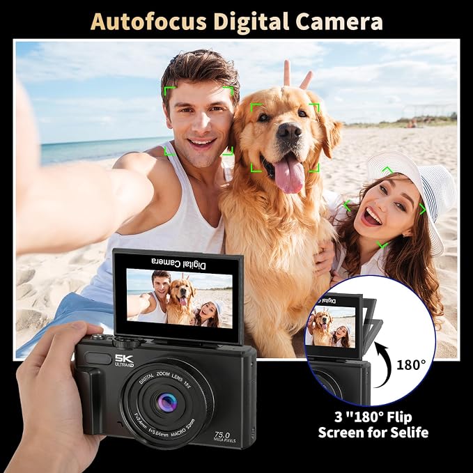 Ourlife Cameras for Photography, 5K 75MP Autofocus Vlogging Camera for YouTube