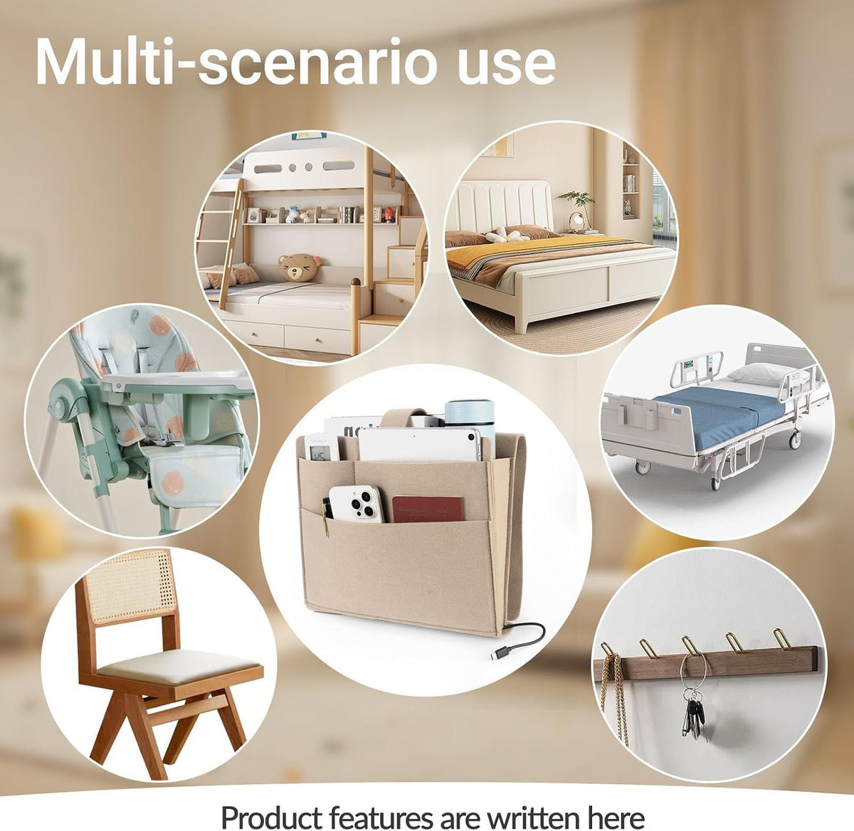Seefoo Bedside Caddy, Large Bed Caddy Organizer with Cord Slit, Beige