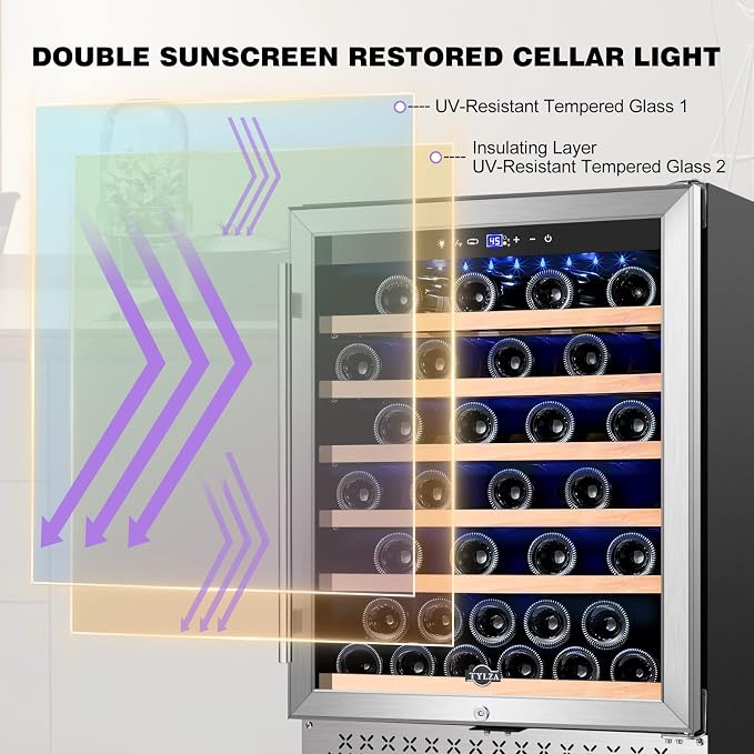 24 Inch Wine Fridge, 54 Bottles Wine Refrigerator, Under Counter or Freestanding, 40-65°F, Lock, Double Layer Tempered Glass Door, Wine Cooler Refrigerator with Adjustable Wooden Shelves
