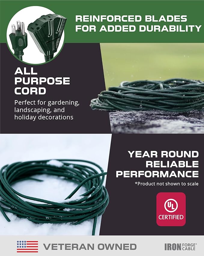 Iron Forge Cable 6ft Green Outdoor Extension Cord with 3 Outlets - 16/3 SJTW 6ft Extension Cord 3 Prong, 13 Amp All-Weather Heavy Duty Power Cable