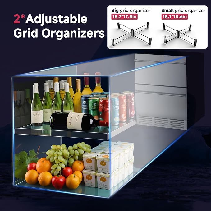 24 Inch Under Counter Drawer Fridge, Stainless Steel Beverage Refrigerator Built-In For Home & Commercial Use, Stainless Steel Silver, Outdoor Refrigerator for Soda, Beer, Wine