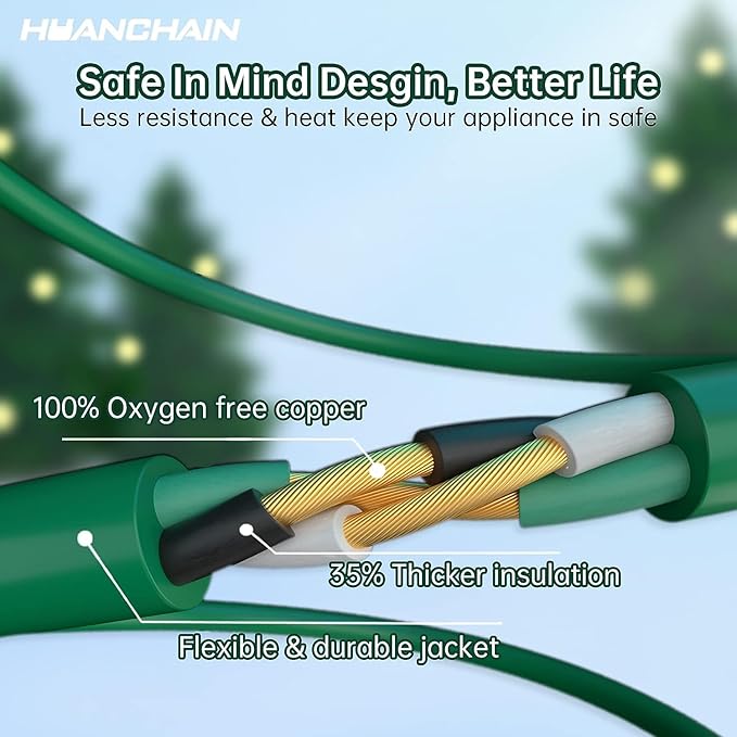 HUANCHAIN Indoor Outdoor Green Extension Cord 200 ft Waterproof, 16/3 Gauge Flexible Cold-Resistant Appliance Extension Cord Outside, 10A 1250W 16AWG SJTW, 3 Prong Electric Cable, ETL