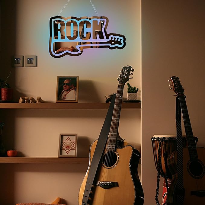 ROCK Neon Sign with Guitar Design Color Changing Mirror LED Wall Light App Control DIY Color Live Music Neon Light Music Party Bar Pub Decor LED Guitar Gift for Kpop Fans Guitar Players