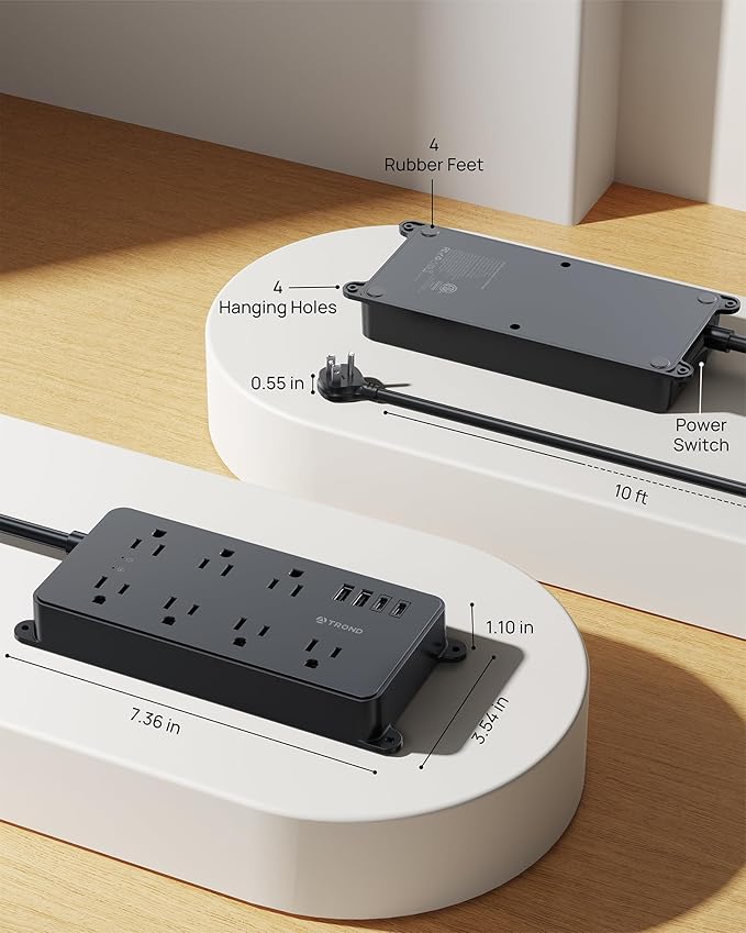 TROND Power Strip Surge Protector 10ft, ETL Listed, Flat Plug Extension Cord with 2 USB-A & 2 USB-C, Wall Mountable, 7 Widely-Spaced Outlets, 1700J, for Home Office Garage, Black
