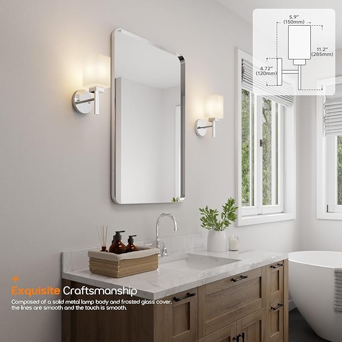 Wall Sconce Polished Chrome Bathroom Light Fixture with White Frosted Glass Shade, Vanity Lightings for Mirror Hallway Entrance Porch T002CH-L1