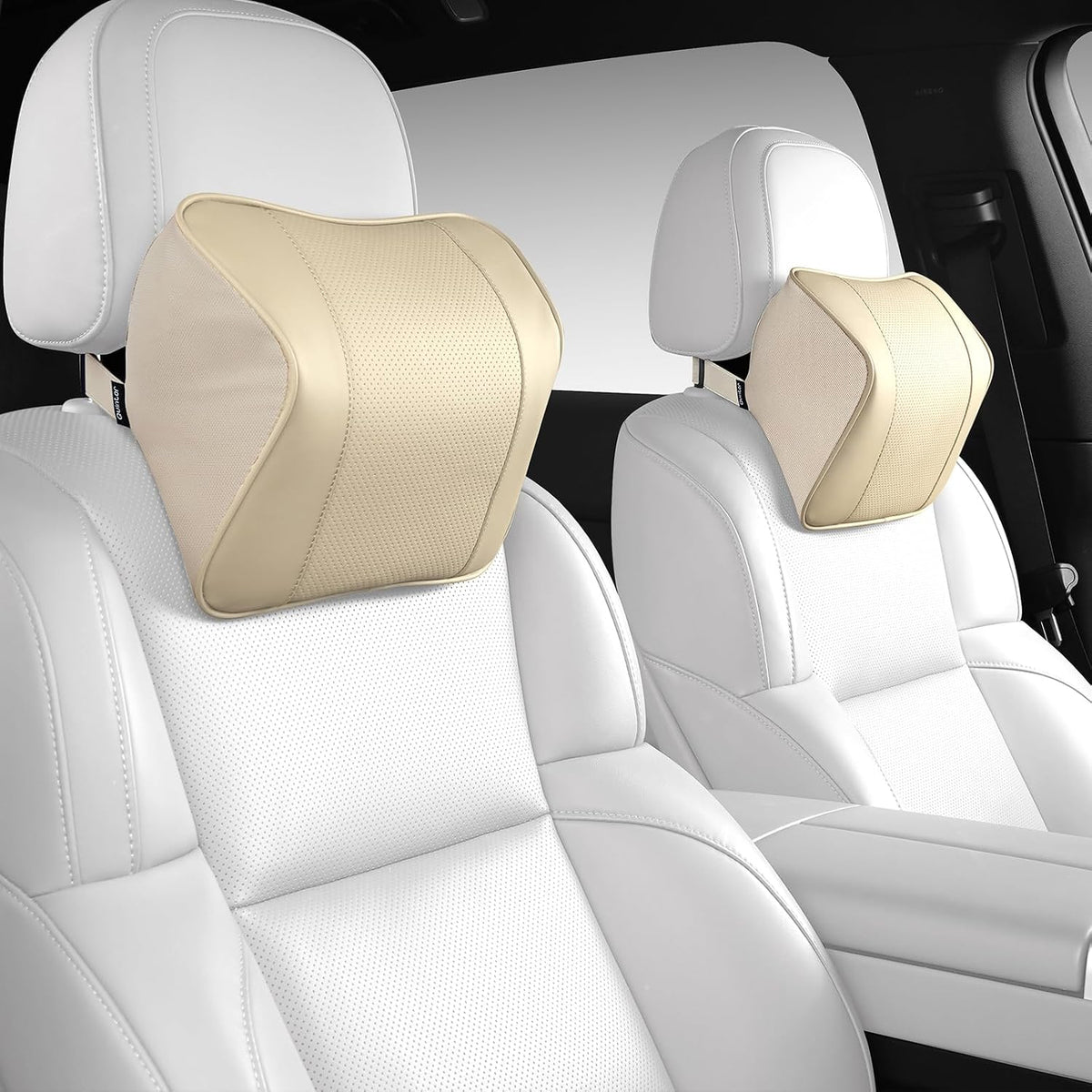 Genuine Leather Car Neck Pillow 2-Pack for Tesla Model 3/Y/X, Lexus, BMW – Breathable All-Season Cervical Support