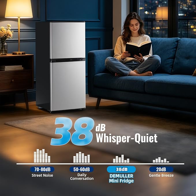 Mini Fridge with Freezer Large Capacity 110L Small Refrigerator with 7 Adjustable Temperature 2 Door Small Fridge for Office, Dorm, Bedroom Silver