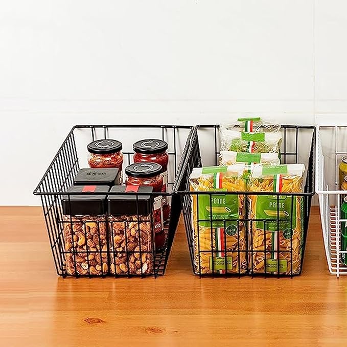 Redrubbit Wire Storage Baskets, Large Farmhouse Metal Freezer Basket Storage Organizer Bins with Handles for Kitchen Cabinets, Pantry, Closets, Bedrooms, Bathrooms, Set of 2, Black